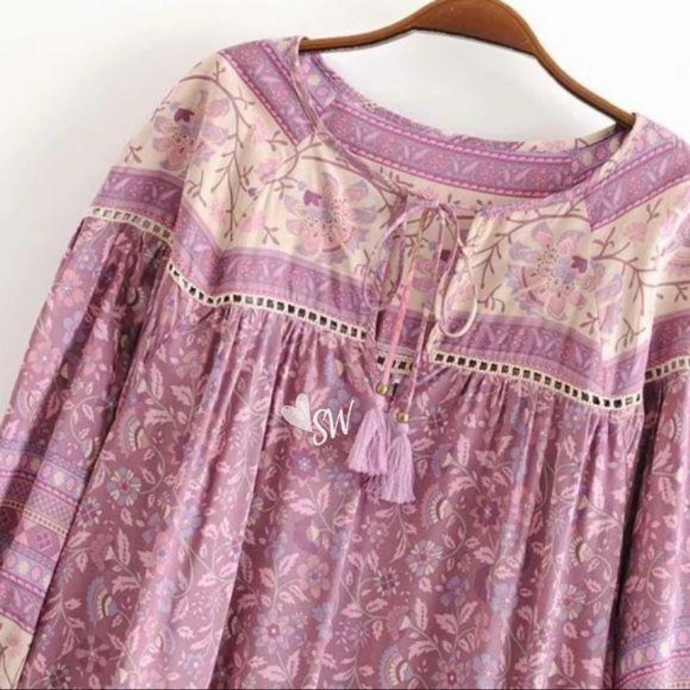 Gypsy boho print blouse purple long sleeve - Picture 6 of 9